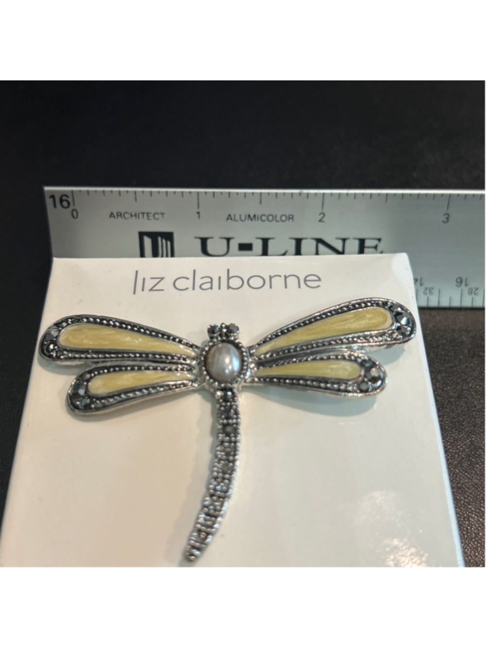 Women's Liz Claiborne Dragonfly Brooch Pin One Size Silver Yellow - Picture 3 of 4